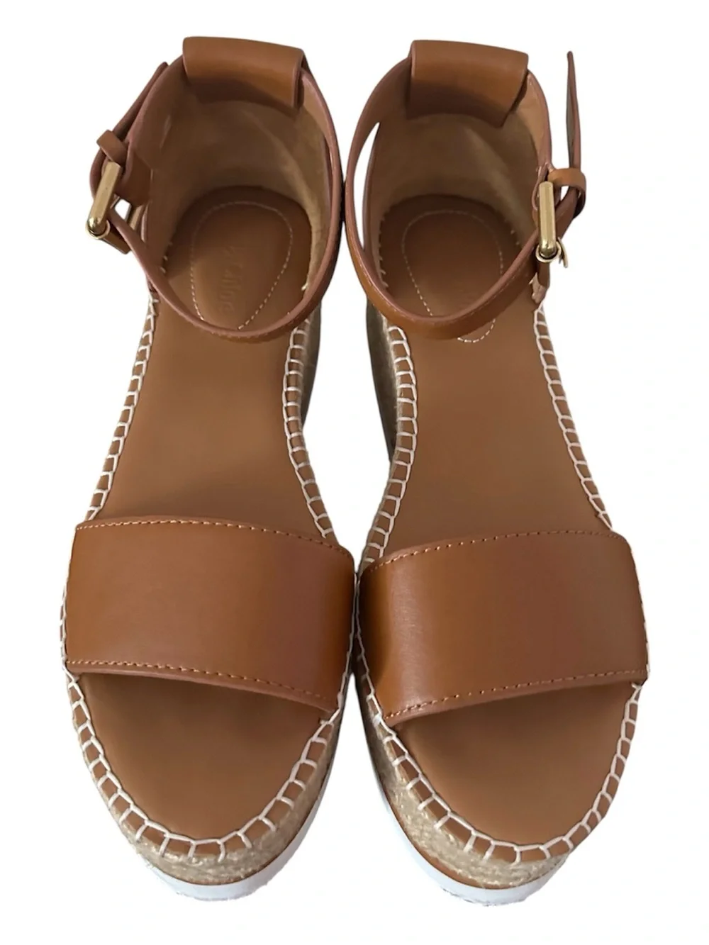 See by Chloé Tan Leather Espadrille Wedge Sandals with Ankle Strap